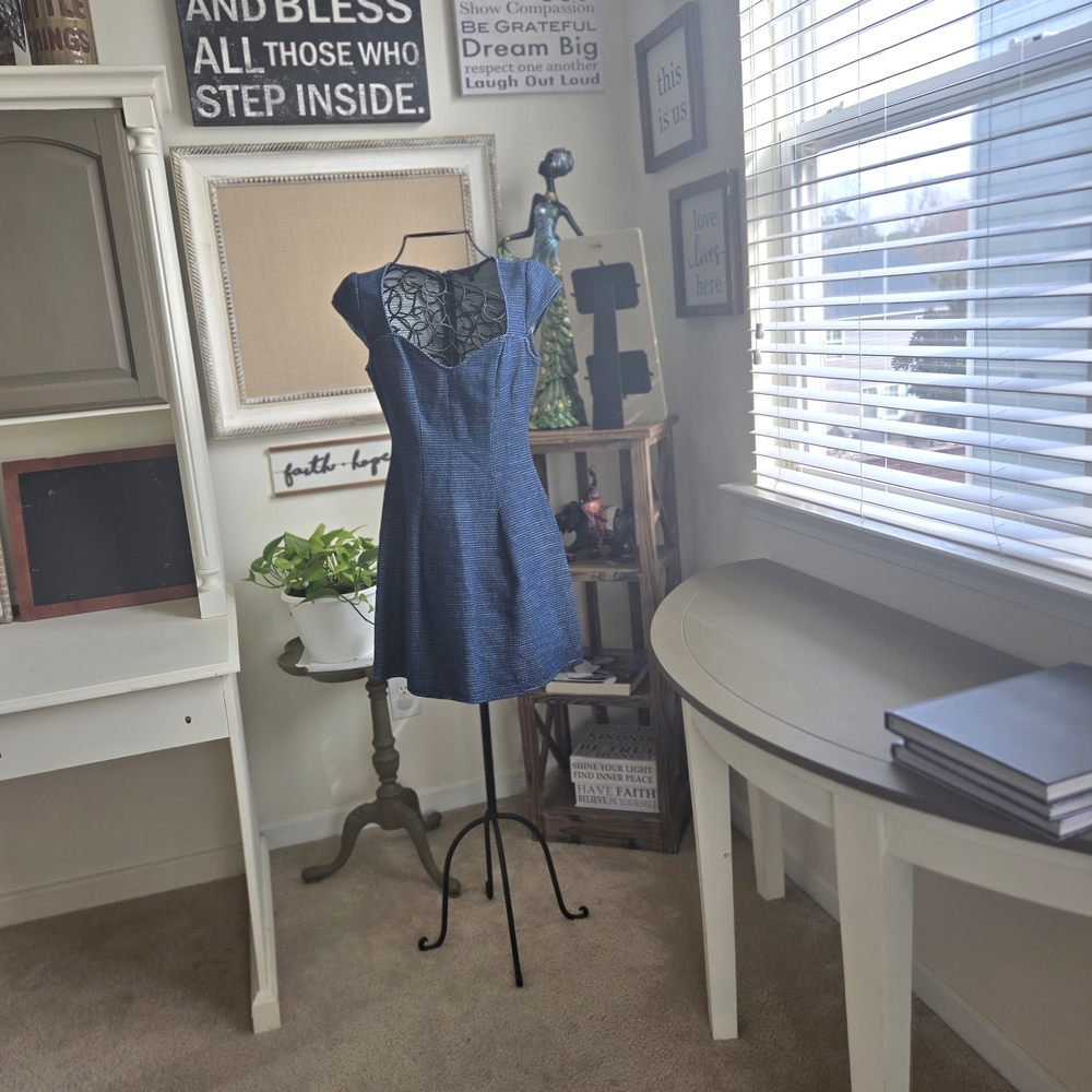 GUESS Blue Denim-Look Lace Yoke Fit & Flare Dress